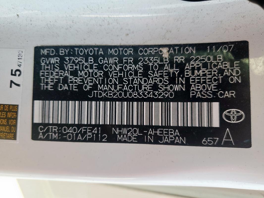 JTDKB20U083343290 - 2008 TOYOTA PRIUS WHITE photo 12