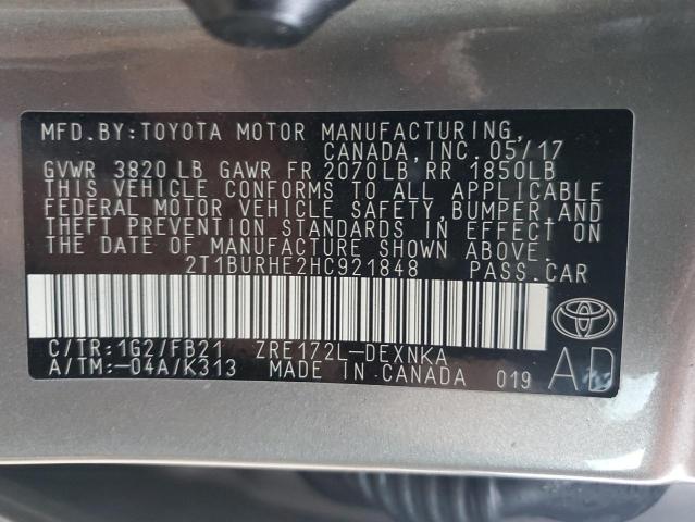 2T1BURHE2HC921848 - 2017 TOYOTA COROLLA L Gri fotoğraf 13