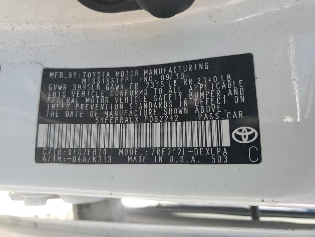 5YFEPRAEXLP062242 - 2020 TOYOTA COROLLA LE WHITE photo 12