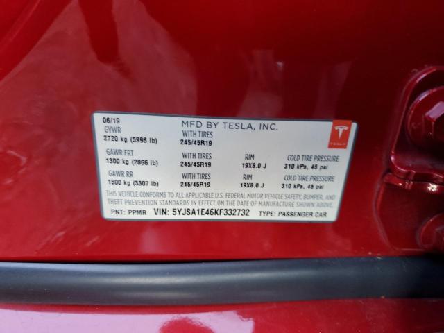 5YJSA1E46KF332732 - 2019 TESLA MODEL S წითელი ფოტო 12