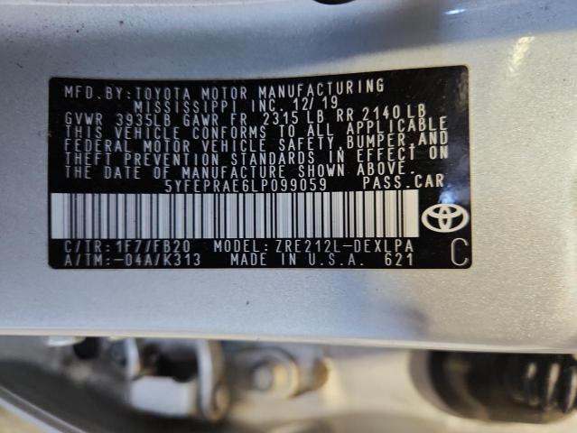 5YFEPRAE6LP099059 - 2020 TOYOTA COROLLA LE SILVER photo 12