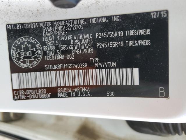 5TDJKRFH1GS240388 - 2016 TOYOTA HIGHLANDER XLE WHITE photo 13