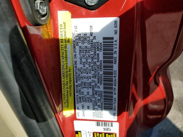 5TETX4GN0AZ729859 - 2010 TOYOTA TACOMA PRERUNNER ACCESS CAB RED photo 12