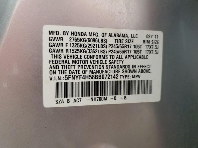 5FNYF4H58BB072142 - 2011 HONDA PILOT EXL SILVER photo 13