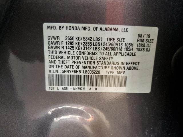 5FNYF6H51LB005220 - 2020 HONDA PILOT EXL GRAY photo 13