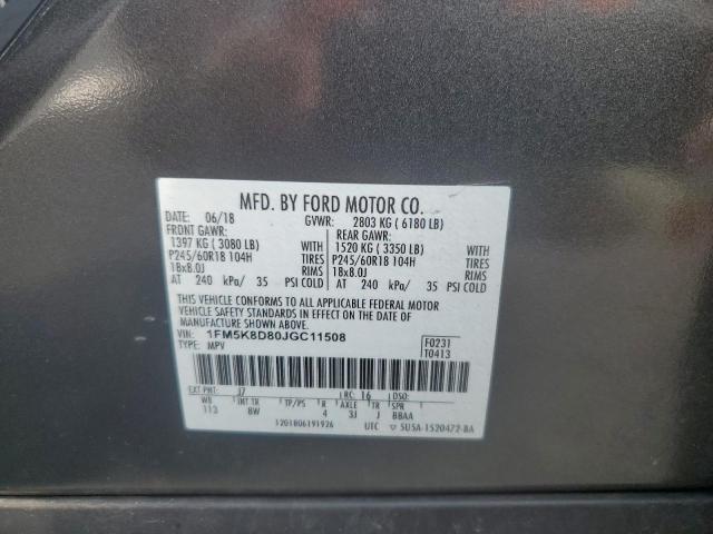 1FM5K8D80JGC11508 - 2018 FORD EXPLORER XLT Szary zdjęcie 13