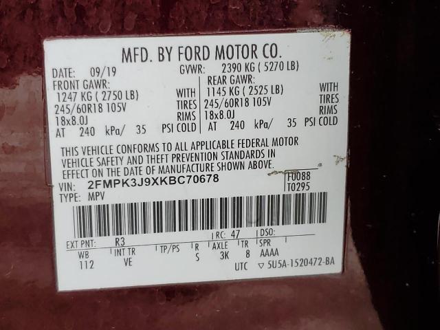 2FMPK3J9XKBC70678 - 2019 FORD EDGE SEL Бордовий фото 14