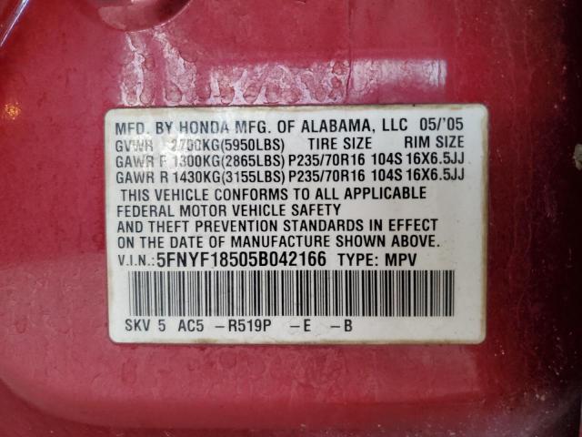 5FNYF18505B042166 - 2005 HONDA PILOT EXL RED photo 14