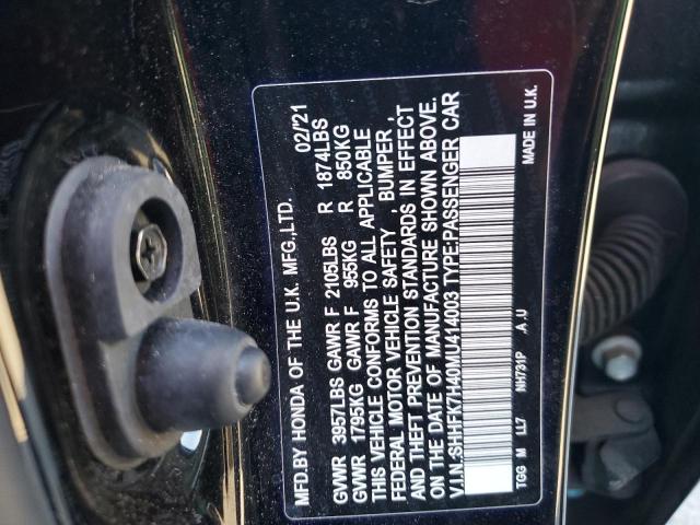 SHHFK7H40MU414003 - 2021 HONDA CIVIC SPORT BLACK photo 12