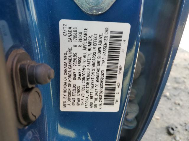 2HGFB2F83CH585820 - 2012 HONDA CIVIC EX BLUE photo 12