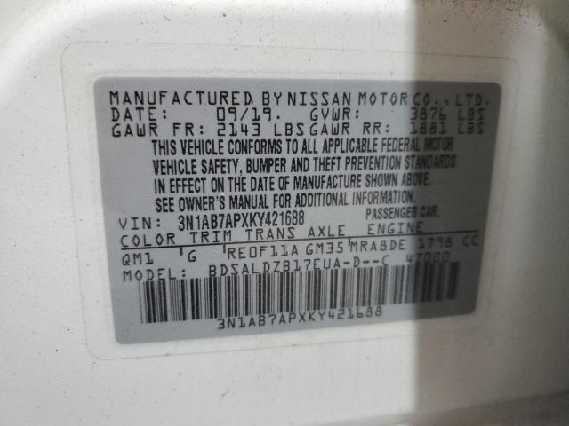 3N1AB7APXKY421688 - 2019 NISSAN SENTRA S WHITE photo 12