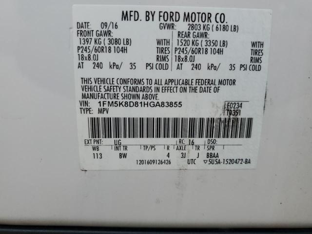 1FM5K8D81HGA83855 - 2017 FORD EXPLORER XLT WHITE photo 13