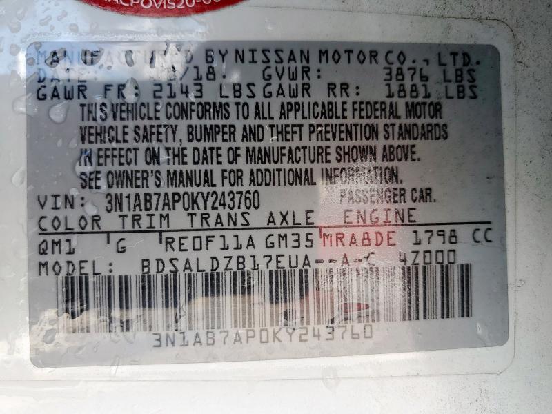 3N1AB7AP0KY243760 - 2019 NISSAN SENTRA S 白色 照片 12