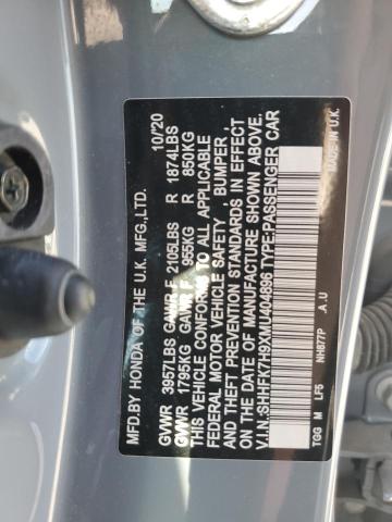 SHHFK7H9XMU404896 - 2021 HONDA CIVIC SPORT TOURING GRAY photo 12