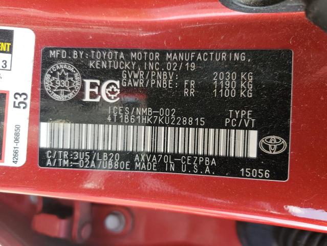 4T1B61HK7KU228815 - 2019 TOYOTA CAMRY XSE Қызыл фото 13