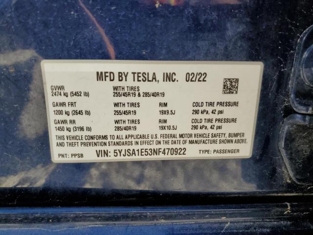 5YJSA1E53NF470922 - 2022 TESLA MODEL S Azul foto 13