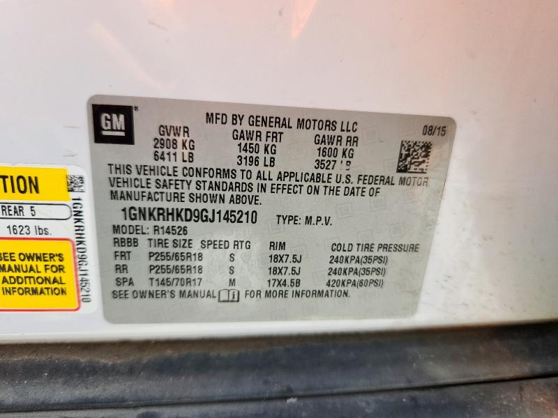 1GNKRHKD9GJ145210 - 2016 CHEVROLET TRAVERSE LT 白色 照片 13