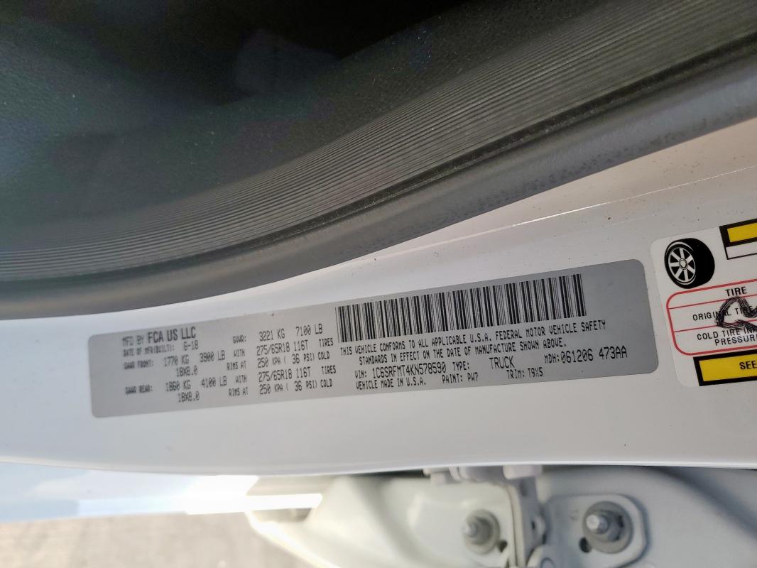 1C6SRFMT4KN578590 - 2019 RAM 1500 BIG HORN/LONE STAR WHITE photo 13