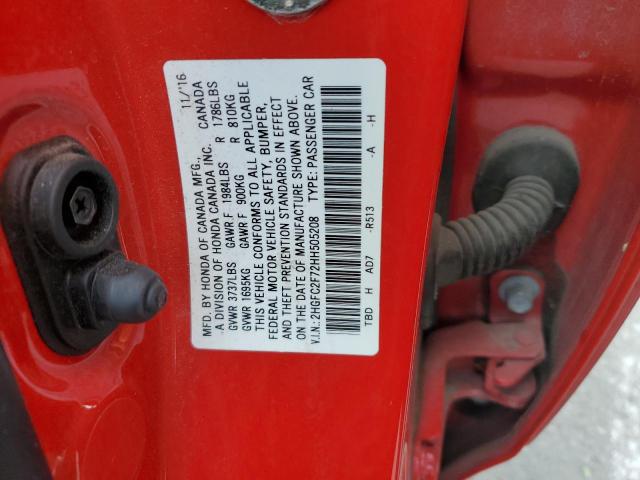 2HGFC2F72HH505208 - 2017 HONDA CIVIC EX RED photo 13