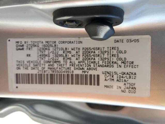 JTEBT17R550049918 - 2005 TOYOTA 4RUNNER LIMITED GRAY photo 12