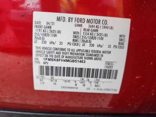 1FMSK8FH4MGB51463 - 2021 FORD EXPLORER LIMITED Կարմիր լուսանկար 14