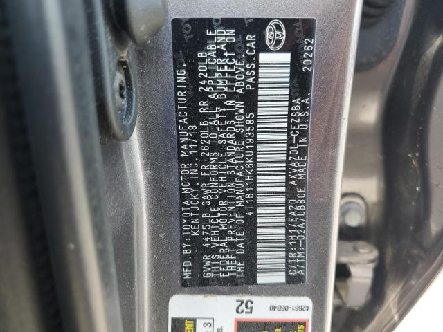 4T1B11HK6KU193585 - 2019 TOYOTA CAMRY L Сұр фото 12
