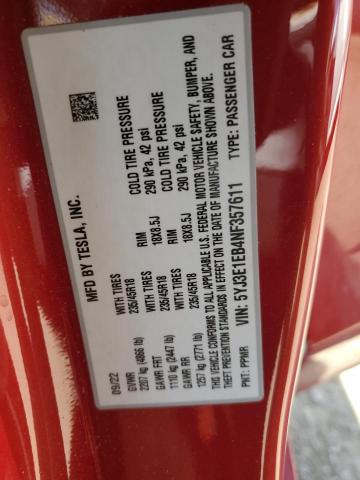 5YJ3E1EB4NF357611 - 2022 TESLA MODEL 3 Rojo foto 12
