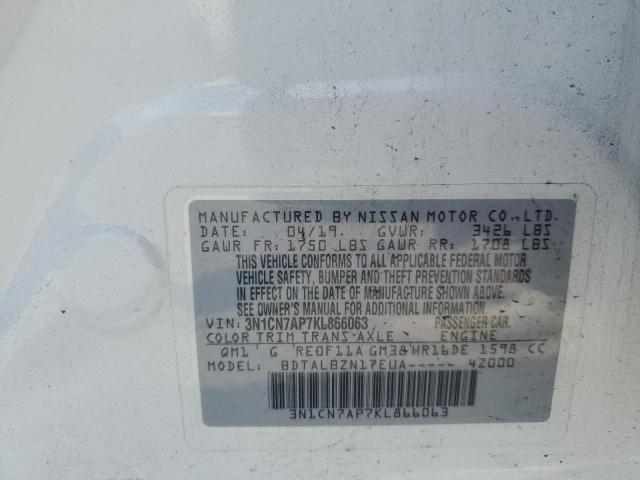 3N1CN7AP7KL866063 - 2019 NISSAN VERSA S Blanco foto 12