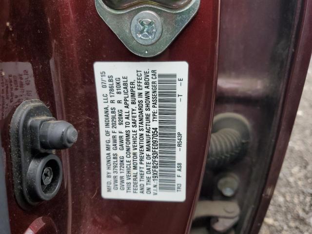 19XFB2F93FE097054 - 2015 HONDA CIVIC EXL ბურგუნდია ფოტო 12