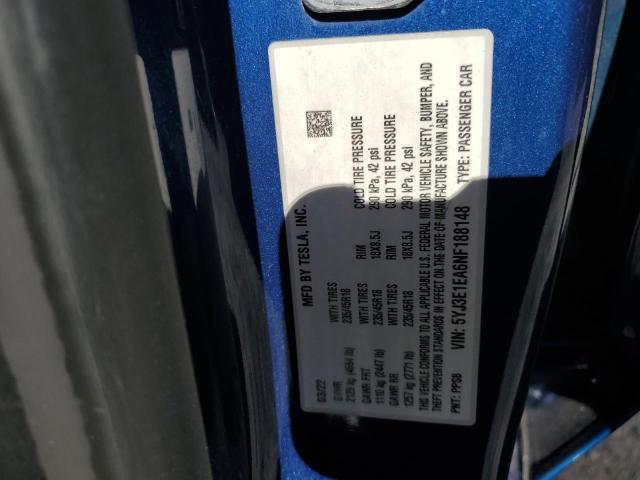 5YJ3E1EA6NF188148 - 2022 TESLA MODEL 3 蓝色 照片 13