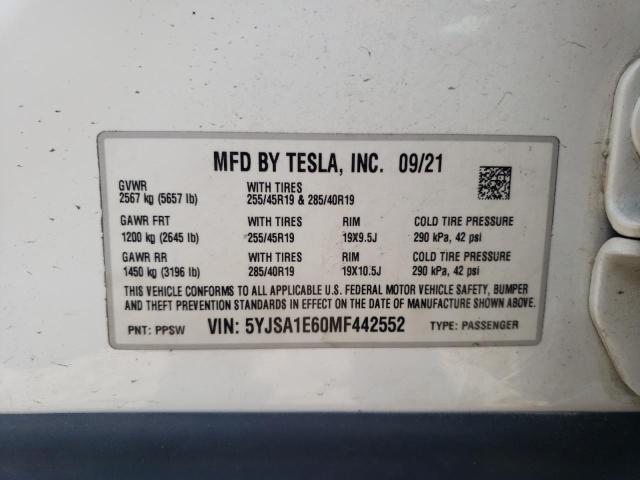 5YJSA1E60MF442552 - 2021 TESLA MODEL S თეთრი ფოტო 12