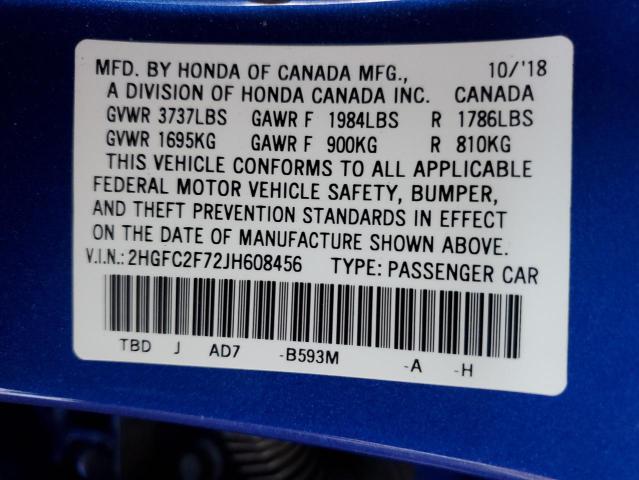 2HGFC2F72JH608456 - 2018 HONDA CIVIC EX Көк фото 12