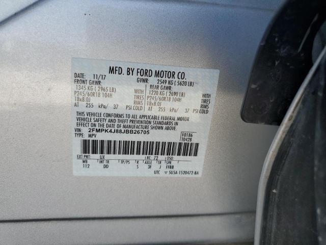 2FMPK4J88JBB26705 - 2018 FORD EDGE SEL SILVER photo 12