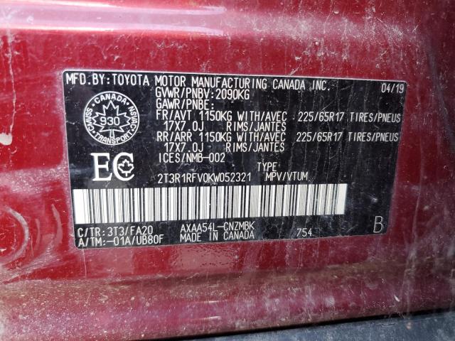 2T3R1RFV0KW052321 - 2019 TOYOTA RAV4 XLE BURGUNDY photo 12