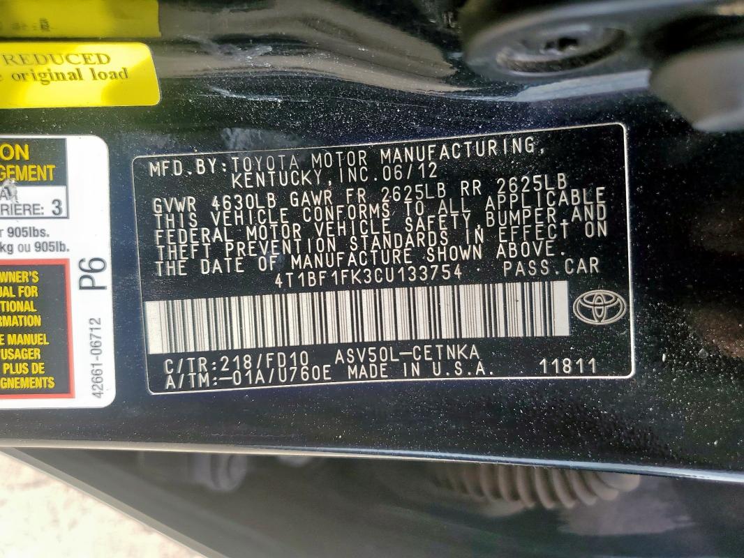 4T1BF1FK3CU133754 - 2012 TOYOTA CAMRY BASE Qara foto 13