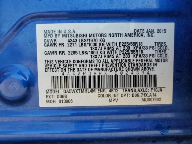 4A4AP3AWXFE024394 - 2015 MITSUBISHI OUTLANDER ES BLUE photo 12