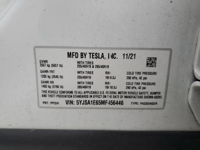 5YJSA1E65MF456446 - 2021 TESLA MODEL S Weiß Foto 12