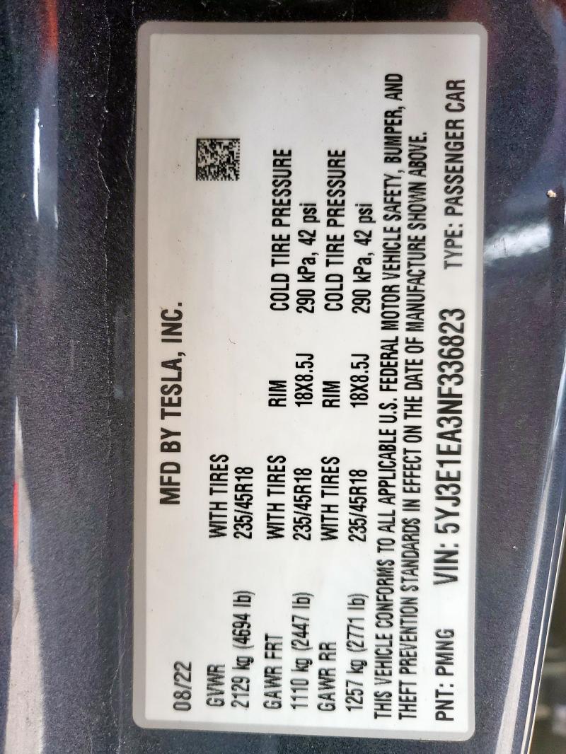 5YJ3E1EA3NF336823 - 2022 TESLA MODEL 3 灰色 照片 12