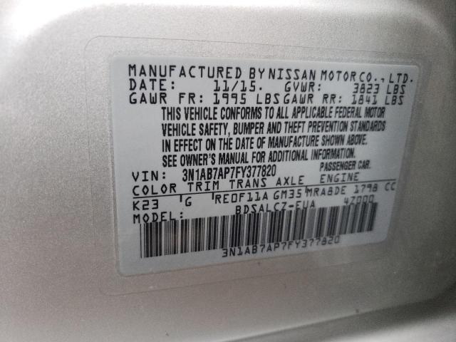 3N1AB7AP7FY377820 - 2015 NISSAN SENTRA S GRAY photo 12