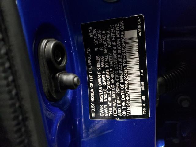 SHHFK7H76HU202884 - 2017 HONDA CIVIC EXL BLUE photo 12