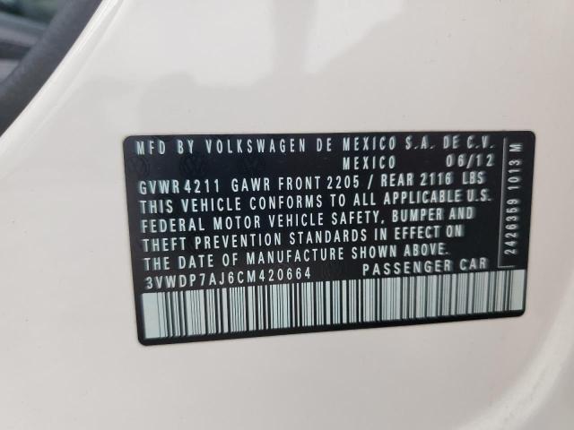 3VWDP7AJ6CM420664 - 2012 VOLKSWAGEN JETTA SE 白色 照片 12