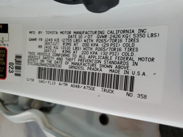 5TEJU62N48Z506530 - 2008 TOYOTA TACOMA DOUBLE CAB PRERUNNER WHITE photo 12