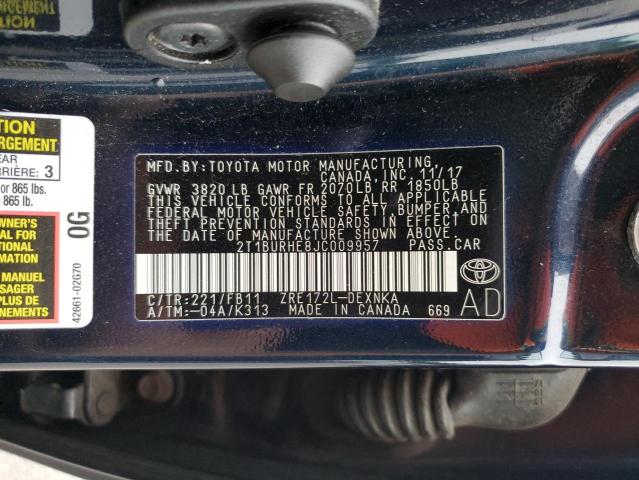 2T1BURHE8JC009957 - 2018 TOYOTA COROLLA L Niebieski zdjęcie 12