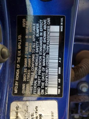 SHHFK7H67LU220293 - 2020 HONDA CIVIC EX Niebieski zdjęcie 12