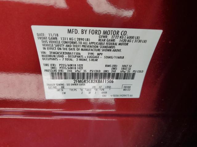 2FMGK5C82KBA11506 - 2019 FORD FLEX SEL 红色 照片 13