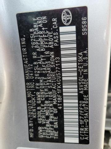 4T1BF1FK4CU577113 - 2012 TOYOTA CAMRY BASE Gümüş foto 12