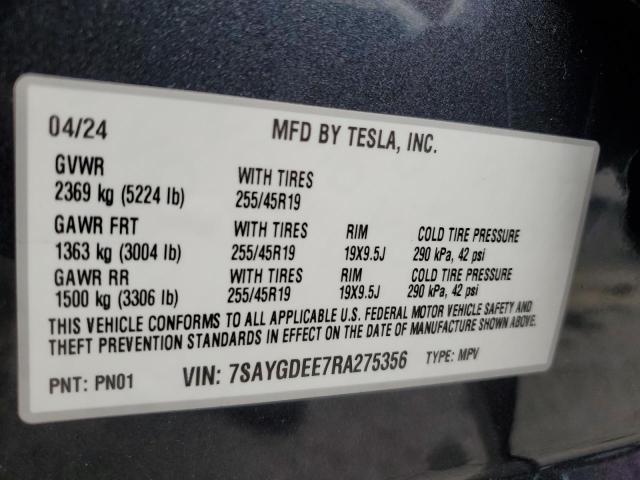 7SAYGDEE7RA275356 - 2024 TESLA MODEL Y GRAY photo 14