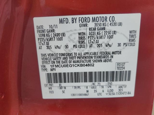 1FMCU0EG1CKB04802 - 2012 FORD ESCAPE LIMITED 红色 照片 12