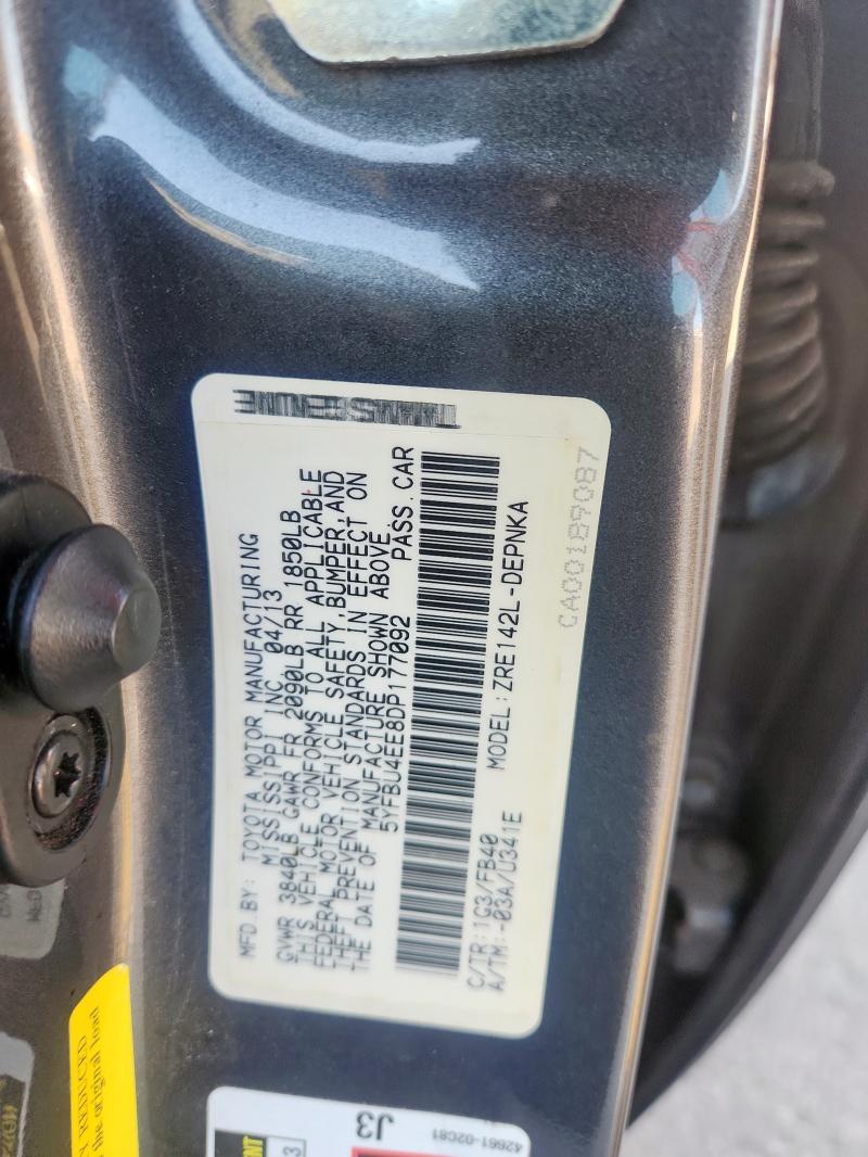 5YFBU4EE8DP177092 - 2013 TOYOTA COROLLA LE BASE GRAY photo 12