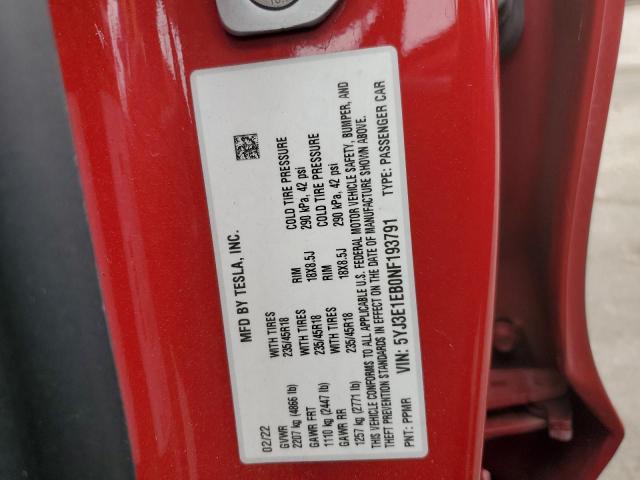 5YJ3E1EB0NF193791 - 2022 TESLA MODEL 3 წითელი ფოტო 12